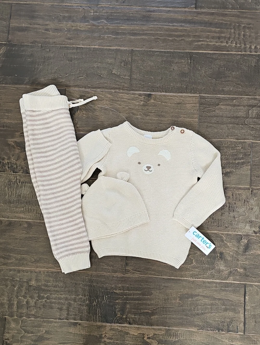 Brand New Carter's Cream Knit Bear Sweater, Striped Pant & Hat Set - Unisex 18mo